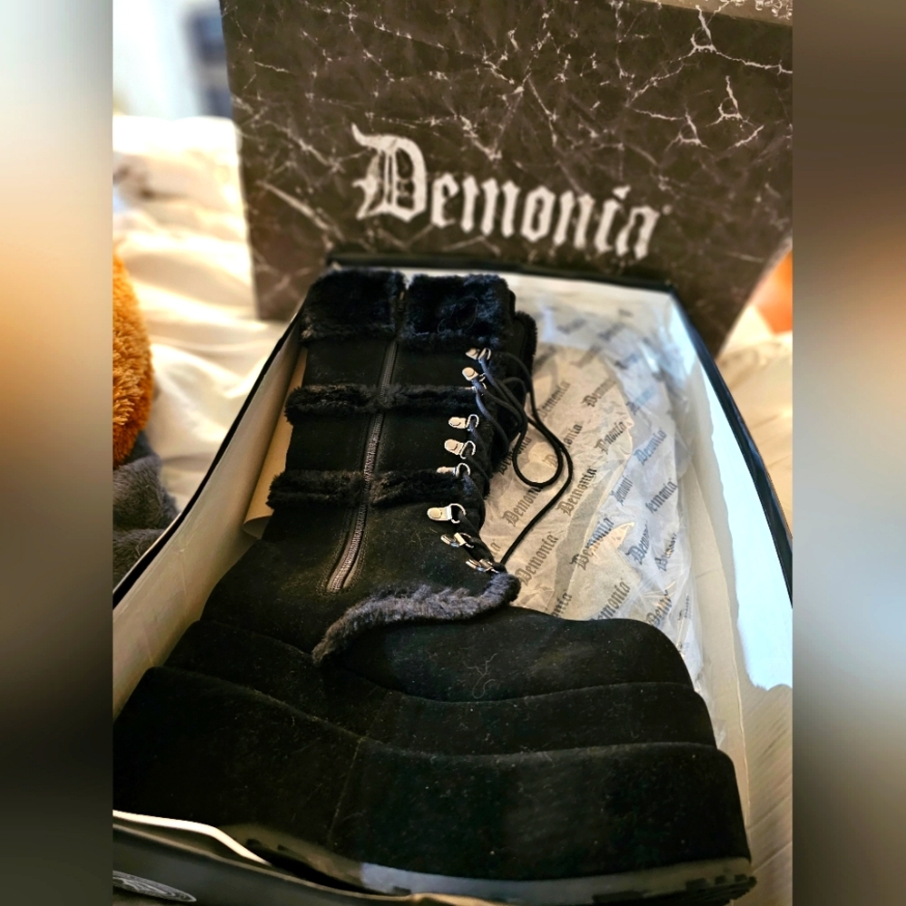 Demonia Vegan Suede and Fur Winter Platform Boots